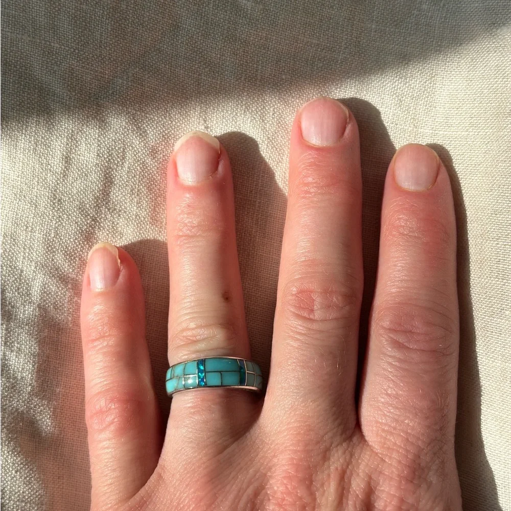 Turquoise and Opal Inlay Sterling Silver Ring Size 5 - Picture 5 of 5